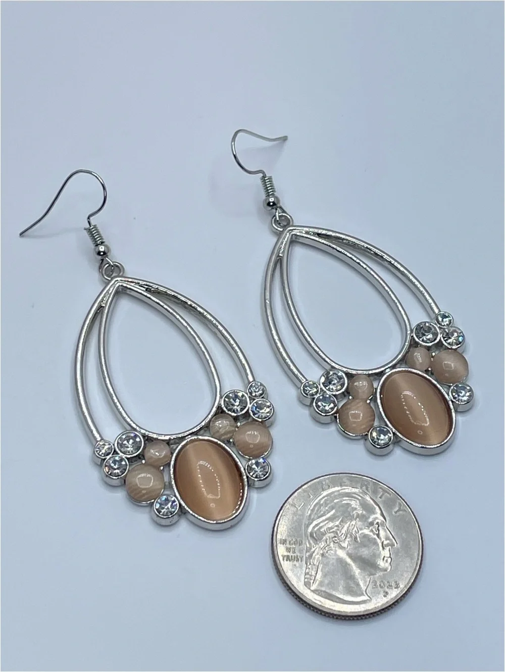Silver Tone Cat Eye Crystal Teardrop Dangle Earrings Statement